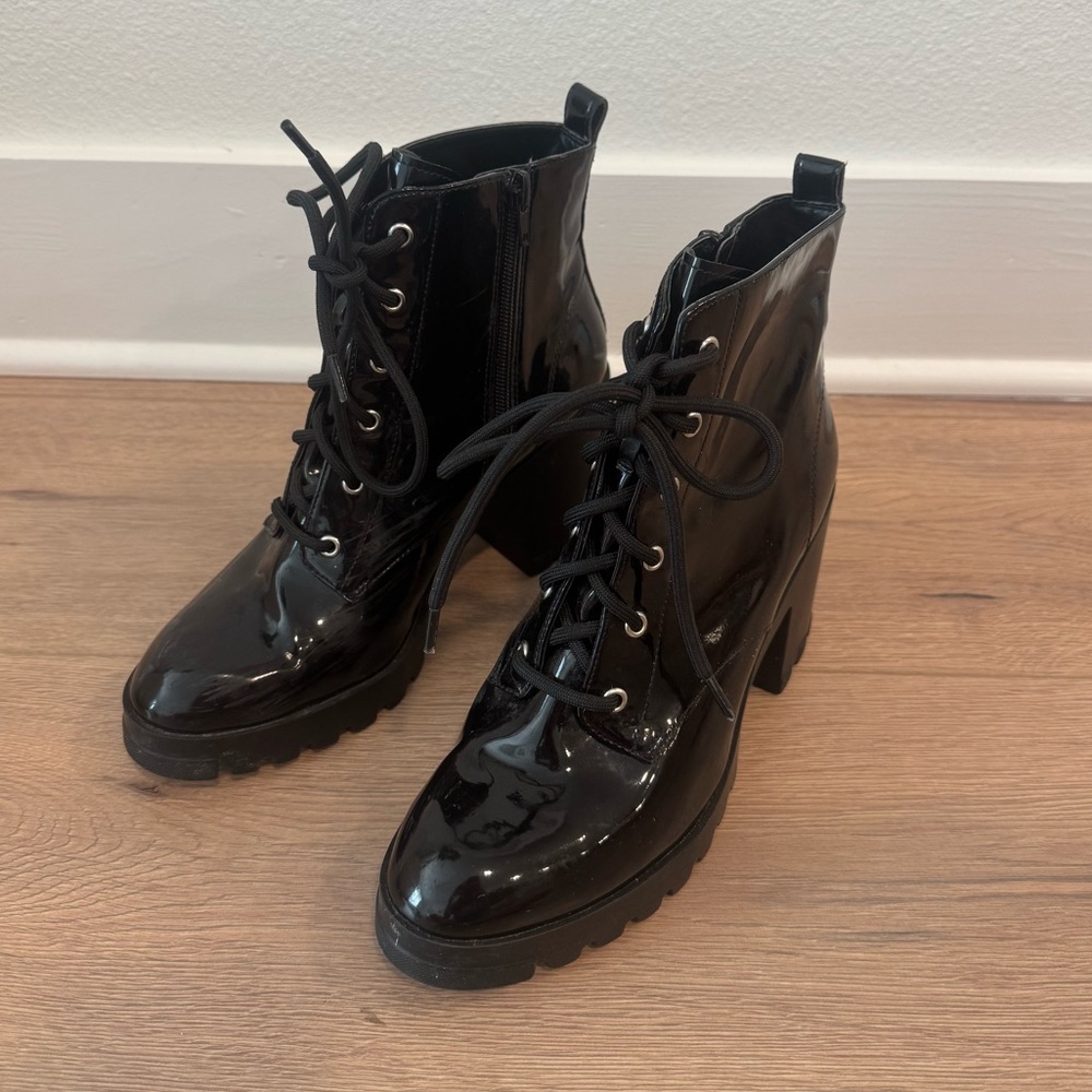 Platform patent leather lace up boots